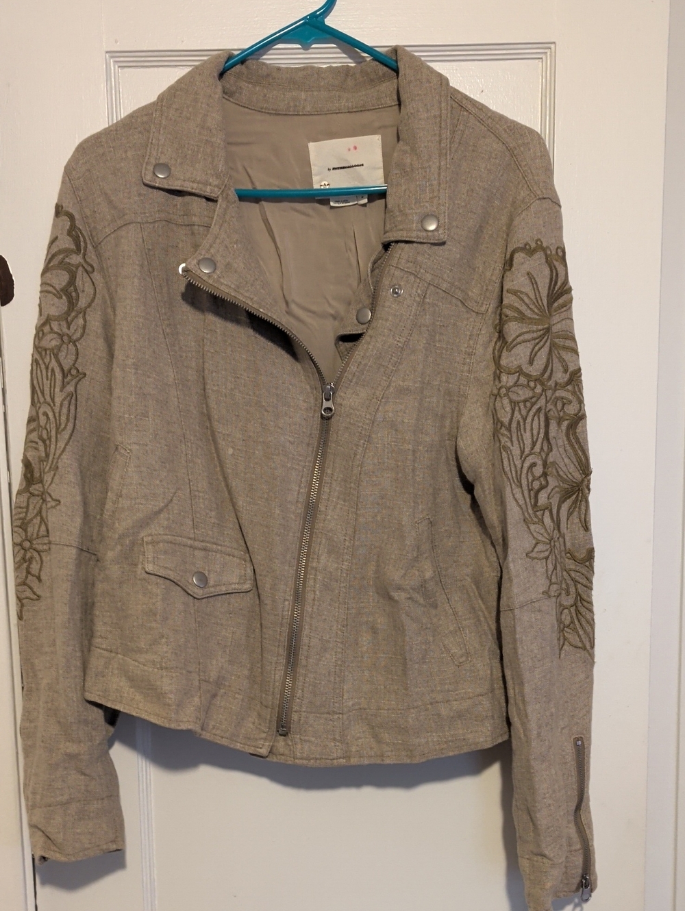 NWOT Anthropologie Linen Blend Moto Jacket With Embroidery